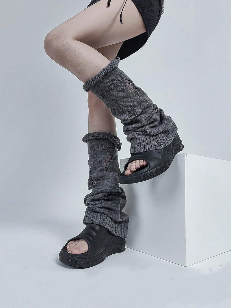 IKIOU Gothic Distressed Leg Warmers, Black White Gray, Knit Material, One Size, Y2K Alternative Fashion Style, Slouchy Design - Image 4